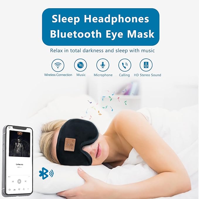 Bluetooth Sleep Mask, Sleep Mask with Bluetooth Headphones, Eye Mask with Sleeping Headphones for Side Sleeper, Nap, ASMR, Air Travel, Meditation, Relaxation-Black