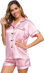 SWOMOG Womens Silk Satin Pajamas Set Short Sleeve Sleepwear Button Down Top and Shorts Loungewear 2 Piece Pjs Set XS-3XL