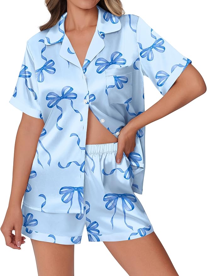 Ekouaer Womens Silk Satin Pajamas Set Animals Print Pjs Button Down Short Sleeve Lounge Set 2 Piece Sleepwear