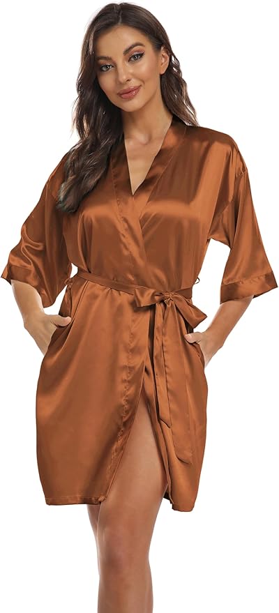 Women's Pure Short Kimono Robes Bride Bridesmaids Silky Bathrobe Lightweight Satin Sleepwear