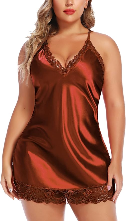 Avidlove Women Lingerie Plus Size Satin Lace Chemise Nightgown Sexy Full Slips Sleepwear L-4XL