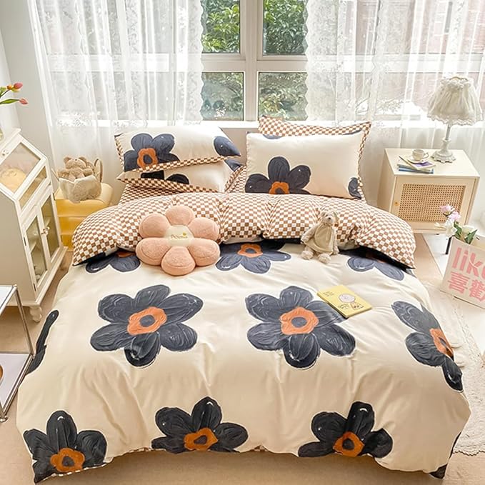 CLOTHKNOW Black Sunflower Full Size Comforter Sets Floral Bedding Comforter Sets Brown Plaid Comforter Beige Black Comforter with 2 x Pillow Cases
