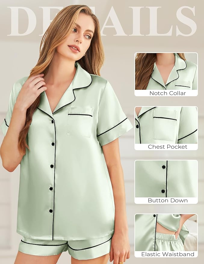Silk Pajamas for Women Short Sleeve Sleepwear Soft Button Down Loungewear 2 Piece Satin Pjs Shorts Set S-XXL
