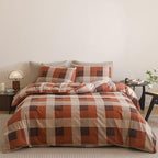 Luxlovery Gingham Red Comforter Set Queen Checkered Bedding Set Women's Bedding Grid Bedding Set Fluffy Soft Cottagecore Khaki and Brick Red Blanket Quilts with 2 Pillowcases Queen Bed