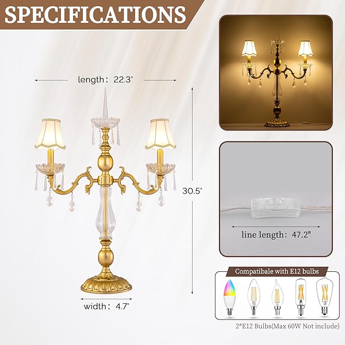 Wellmet Gold Crystal Table Lamp, 2 Light Crystal Table Lamp for Bedroom, Vintage Table Lamps for Living Room, Bedroom, Office Hotel Decor, Modern Palace Lights