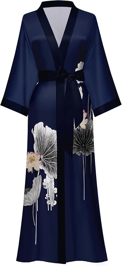 Kihnop Women's Floral Long Kimono Robe Long Satin Robe Long Silk Robe Ladies Kimonos Silky Bathrobe Cover Up, One Size