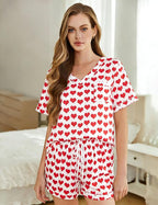 ASTANFY Valentines Day Pajamas Women 2 Piece Silk Valentine Pjs Cute Heart Pajamas V Neck Satin Sleepwear Loungewear Set