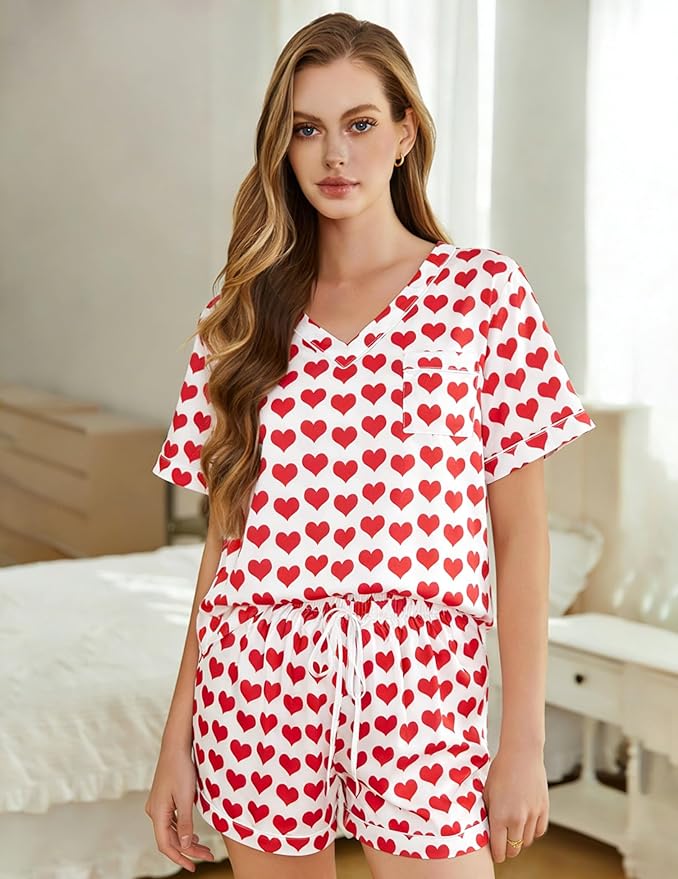 ASTANFY Valentines Day Pajamas Women 2 Piece Silk Valentine Pjs Cute Heart Pajamas V Neck Satin Sleepwear Loungewear Set