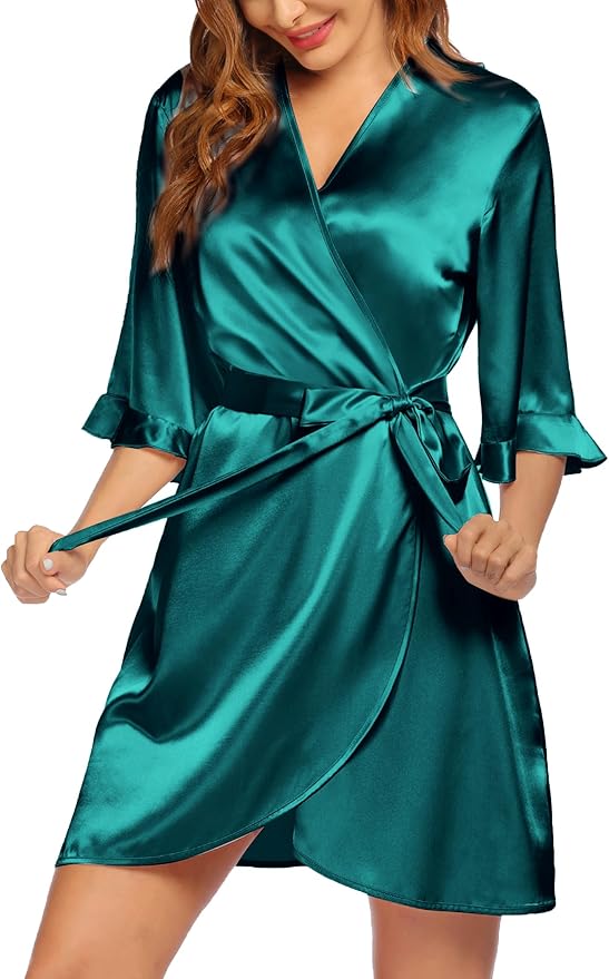 Ekouaer Women's Satin Robe Valentines Lingerie for Women Kimono Bathrobe Short Ruffle Belted Robes Bridesmaids Sleepwear