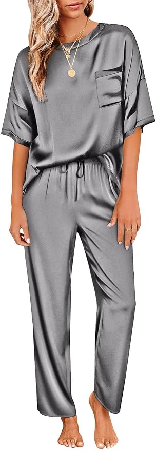 Ekouaer Womens Satin Silky Pajama Set Short Sleeve Shirt with Long Pajama Pant Set Soft PJ Loungewear