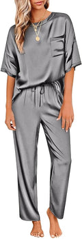 Ekouaer Womens Satin Silky Pajama Set Short Sleeve Shirt with Long Pajama Pant Set Soft PJ Loungewear
