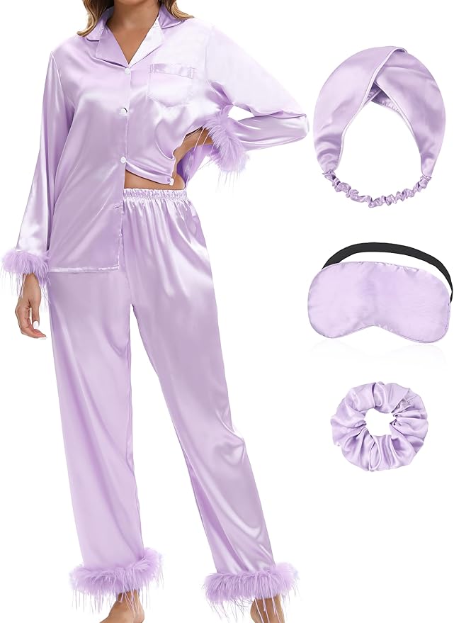 MORFORU Satin Pajama Set for Women Feather Trim Long Sleeve Pjs with Sleep Mask Headband Scrunchie Sleepwear Lounge Set