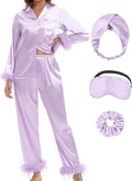 MORFORU Satin Pajama Set for Women Feather Trim Long Sleeve Pjs with Sleep Mask Headband Scrunchie Sleepwear Lounge Set