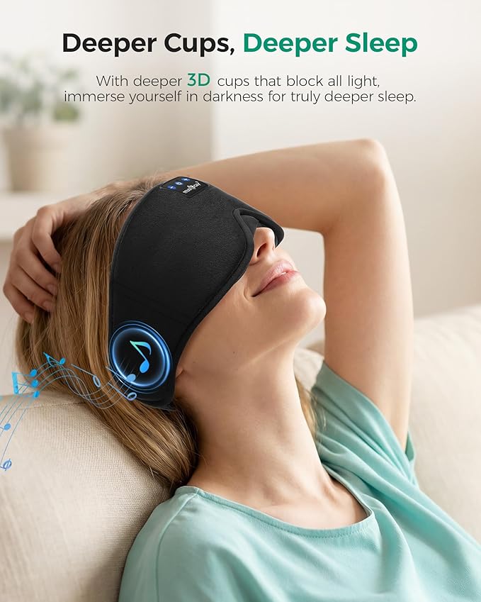 MUSICOZY Sleep Headphones Bluetooth Mask, Eye Masks with Headband, Sleeping Headphones for Side Sleepers Headband and Sleep Mask with Bluetooth Headphone Perfect for Sleeping