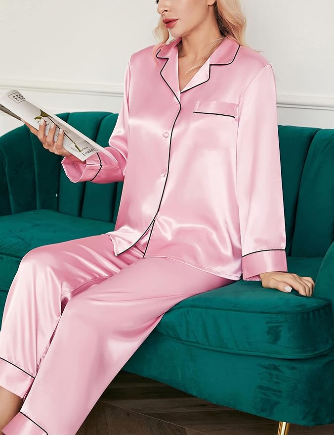 SIHA Satin Silk Pajamas for Women Pajama Set With Long Sleeve Button-Down Satin Pajamas Sleepwear XS-3XL