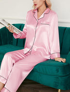 SIHA Satin Silk Pajamas for Women Pajama Set With Long Sleeve Button-Down Satin Pajamas Sleepwear XS-3XL