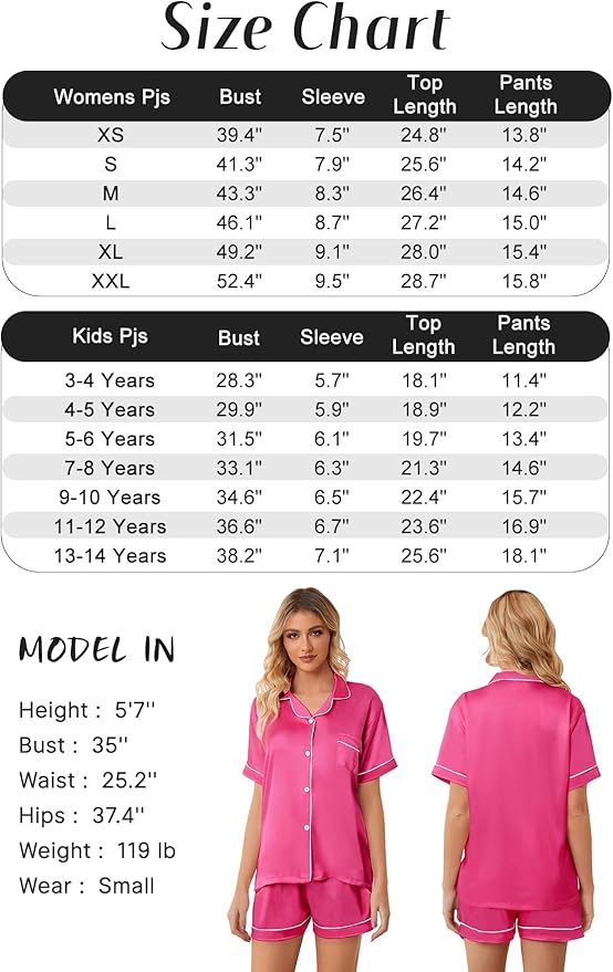 Girls & Womens Satin Pajamas Set, Silk Button-Down Sleepwear 2 Piece Nightwear, 3 Years - Women XXL