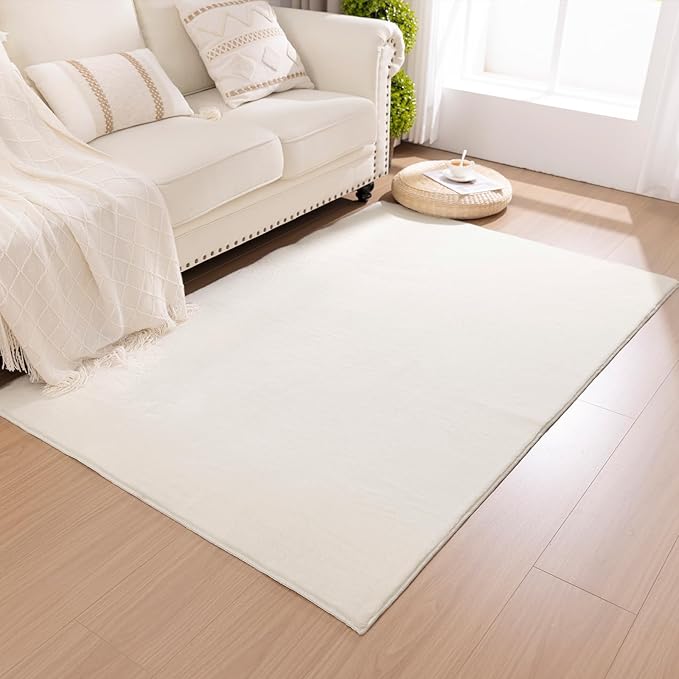 SHACOS Silky Soft Faux Rabbit Fur Area Rug 3'x5' Non Slip Washable Padded Throw Rugs Fluffy Cozy Indoor Modern Carpet for Living Room Bedroom Dining Room Kids Room Dorm Home Decor, Cream