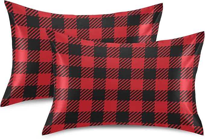 Christmas and New Year Buffalo Plaid Satin Pillowcase for Hair and Skin, Red and Black Buffalo Check Plaid Silk Pillow Case with Envelope Closure, Standard Size 20x26 inches, 1 PC