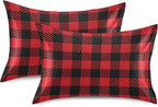 Christmas and New Year Buffalo Plaid Satin Pillowcase for Hair and Skin, Red and Black Buffalo Check Plaid Silk Pillow Case with Envelope Closure, Standard Size 20x26 inches, 1 PC