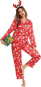 SWOMOG Womens Silk Satin Pajamas Set Long Sleeve Button Down Sleepwear 2 Piece Lounge Set Pj Set XS-3XL