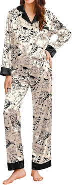 Ekouaer Silk Pajamas for Women Long Sleeve Satin Pajama Set Silky Pj Sets 2 Piece Button Down Loungewear Sleepwear