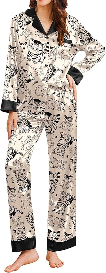 Ekouaer Silk Pajamas for Women Long Sleeve Satin Pajama Set Silky Pj Sets 2 Piece Button Down Loungewear Sleepwear