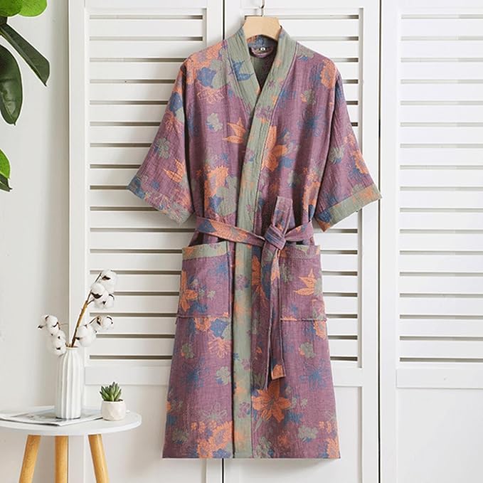 Womens Boho Floral Print Robe Lightweight Short Sleeve Bathrobe Soft Kimono Robes V-neck Loungewear with Pockets