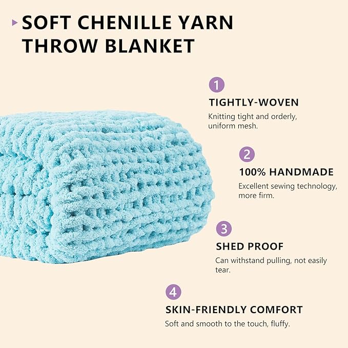 L'AGRATY Chenille Chunky Knit Blanket, Light Blue, 50x60, Heavyweight Throw Blanket for Home Decor