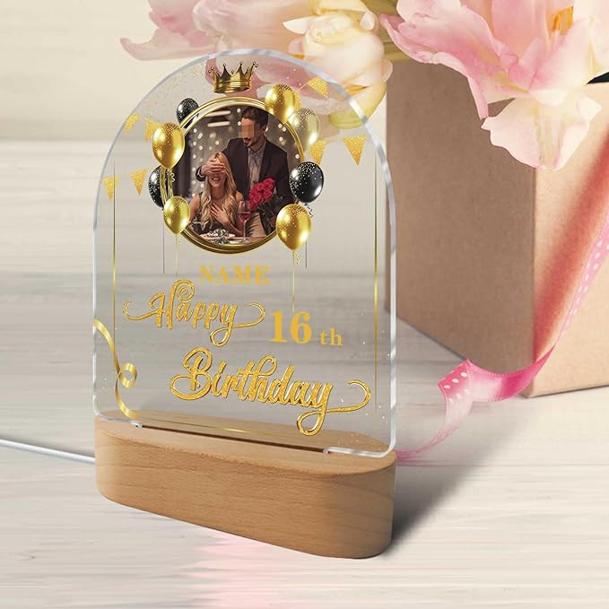 Customized Birthday Gifts Personalized Acrylic LED Night Light Lamp Plaque Custom Photo Name Age Birthday Gifts for Women Men(B-Black and Gold)