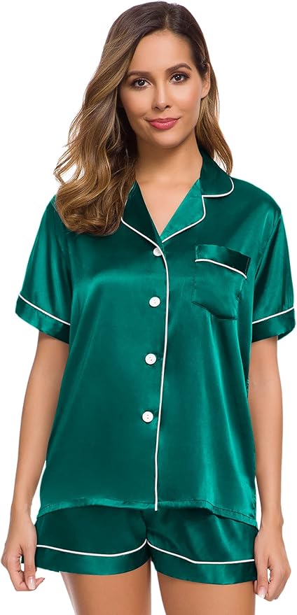 SWOMOG Womens Silk Satin Pajamas Set Short Sleeve Sleepwear Button Down Top and Shorts Loungewear 2 Piece Pjs Set XS-3XL