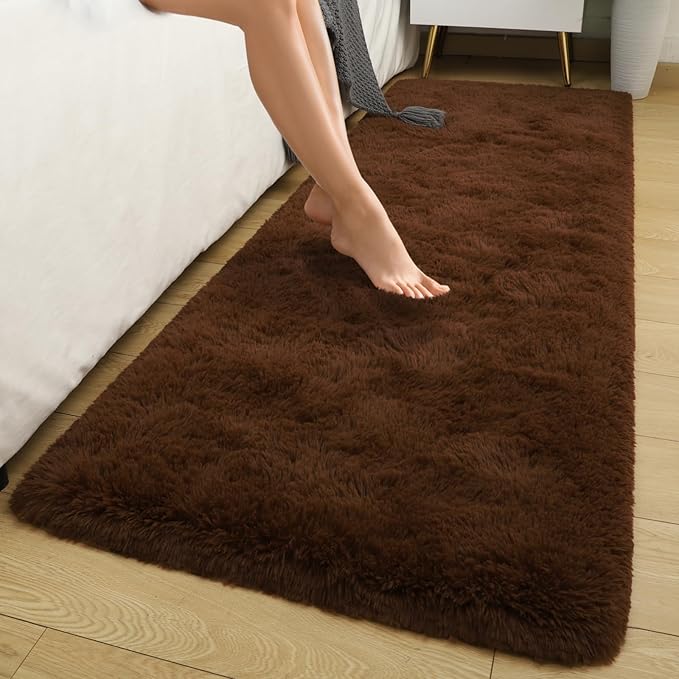 Macgace Fluffy Runner Rug, 2x6 Brown Washable Hallway Area Rugs for Bedroom Living Room Kitchen Laundry, Long Shag Rug with Non Slip Rubber Backing Fuzzy Entryway Carpet Modern Home Decor