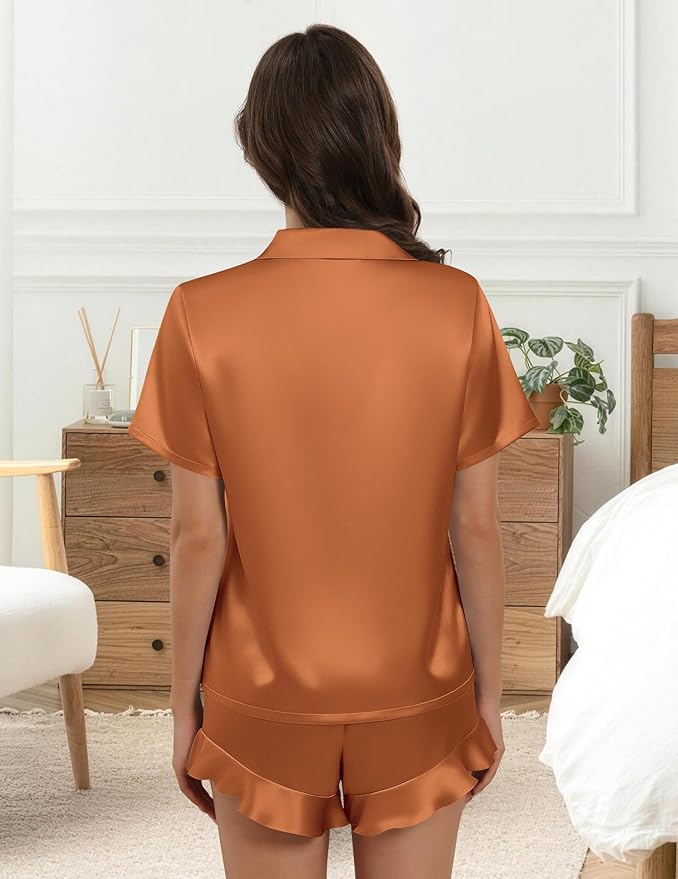 Silk Pajamas for Women Button Down 2 Piece Satin Pjs Shorts Set Ruffle Notch Collar Sleepwear Loungewear