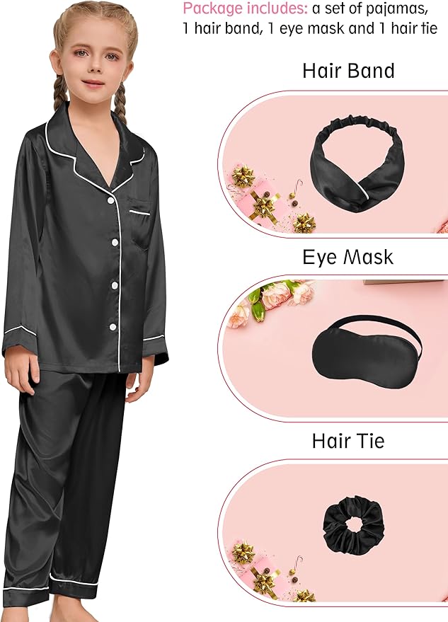EPLAZA Kids Satin Pajamas Sets Girls Boys Button-Down Silky Pajamas Sleepwear with Hairband Eye Mask Hair Tie