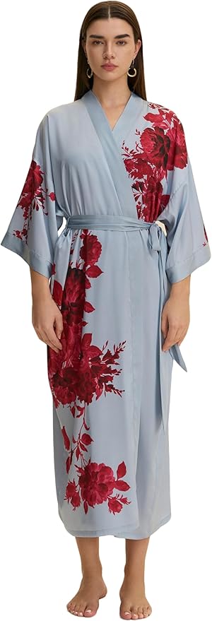 Kihnop Women's Floral Long Kimono Robe Long Satin Robe Long Silk Robe Ladies Kimonos Silky Bathrobe Cover Up, One Size