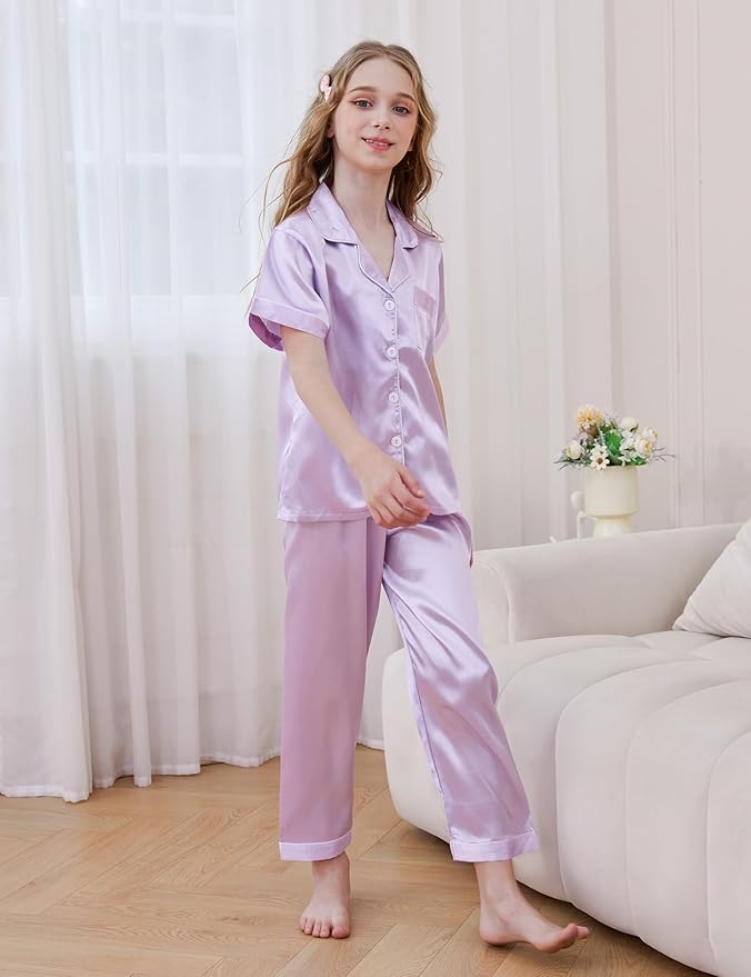 DIPUG 3 Piece Girls Silk Pajamas Set Soft Satin PJs Sleepwear for Comfortable Nights