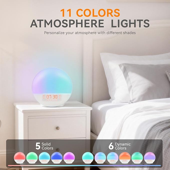 Sunrise Alarm Clock with App Control for Heavy Sleepers, Bedroom, Wake Up Light with Sunrise&Sunset Simulation, White Noise Sound Machine with 11 Colors Night Lights, Dual Alarms, FM Radio