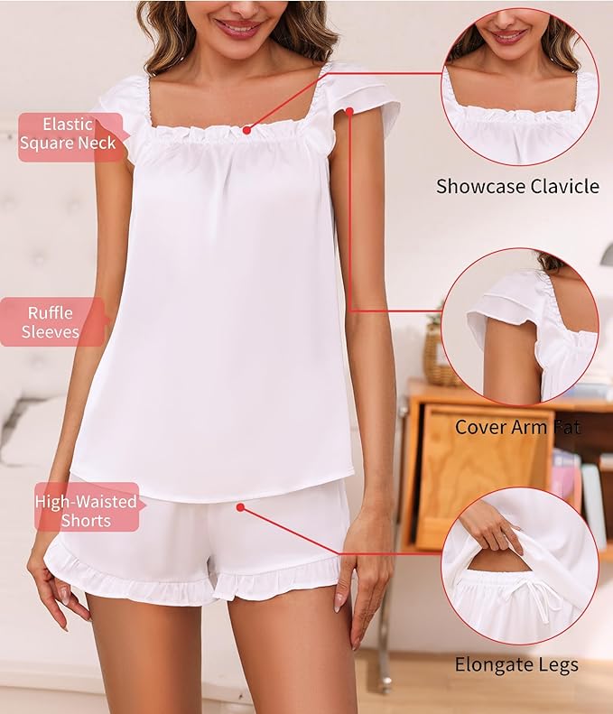 Satin Pajama Set for Women 2 Piece Silk Pjs Ruffle Sleeve Top and Shorts Cute Bridal Sleepwear Set S-XXL