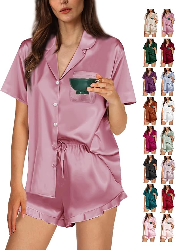 WJing Yi Jia Ruffle Pajama Sets For Women XS-4XL Womens Silk Satin Pajamas Set Silky Sleepwear Pj Sets Nightwear Loungewear