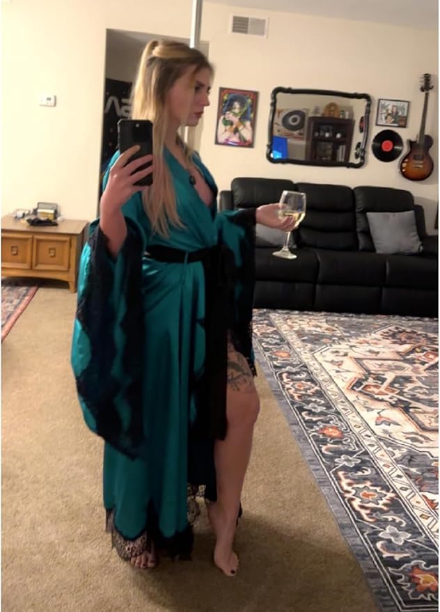 BATHGOWN Women's Satin Robe Black Silk Kimono Bride Robe for Wedding Day Lightweight Long Lace Loungewear Sleepwear