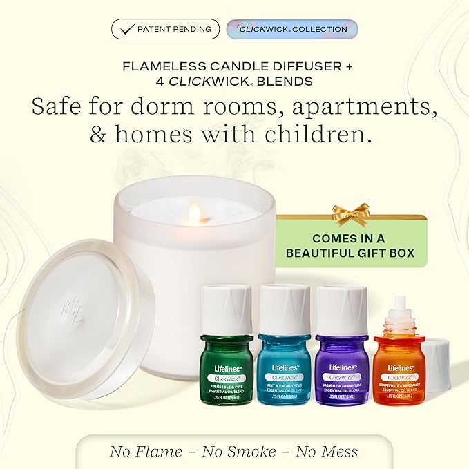 Lifelines Flameless Candle Aromatherapy Essential Oil Diffuser with 4 ClickWick Essential Oil Blends - Cordless & Waterless Diffuser for Home - Scented Electric Candles Blow Out Flame - Frosted Cream