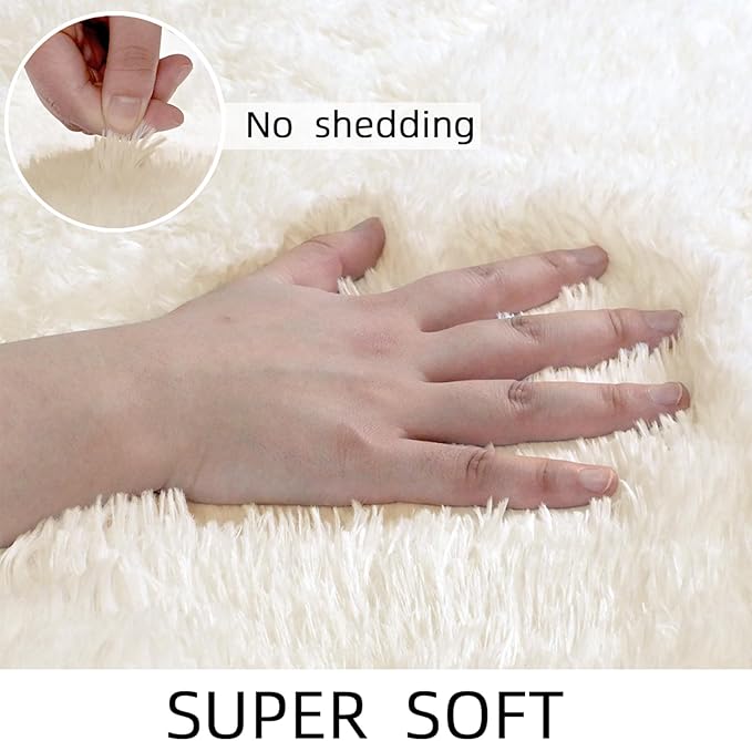 Shag Cream Rug Small 3x5 Area Rugs for Bedroom Bedside Dorm Living Room, Non-Slip Ultra Soft Fluffy Rugs for Kids Room, Girls Room, Study, Office, Playroom, Easy to Clean, Small Carpet Décor