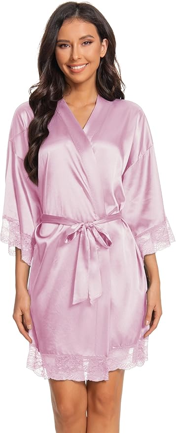 Kihnop Women's Satin Robe Silk Robe Lace Bridal Robes for Bride Bridesmaid Robes Silky Bathrobe Getting Ready Sleepwear