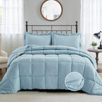 HIG Pre Washed Down Alternative Comforter Set Twin - Reversible Chic Quilt Design - Box Stitched with 4 Corner Tabs - Lightweight for All Season - Blue Duvet Comforter with 2 Pillow Shams