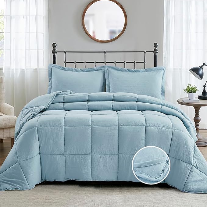 HIG Pre Washed Down Alternative Comforter Set Full - Reversible Chic Quilt Design - Box Stitched with 4 Corner Tabs - Lightweight for All Season - Blue Duvet Comforter with 2 Pillow Shams