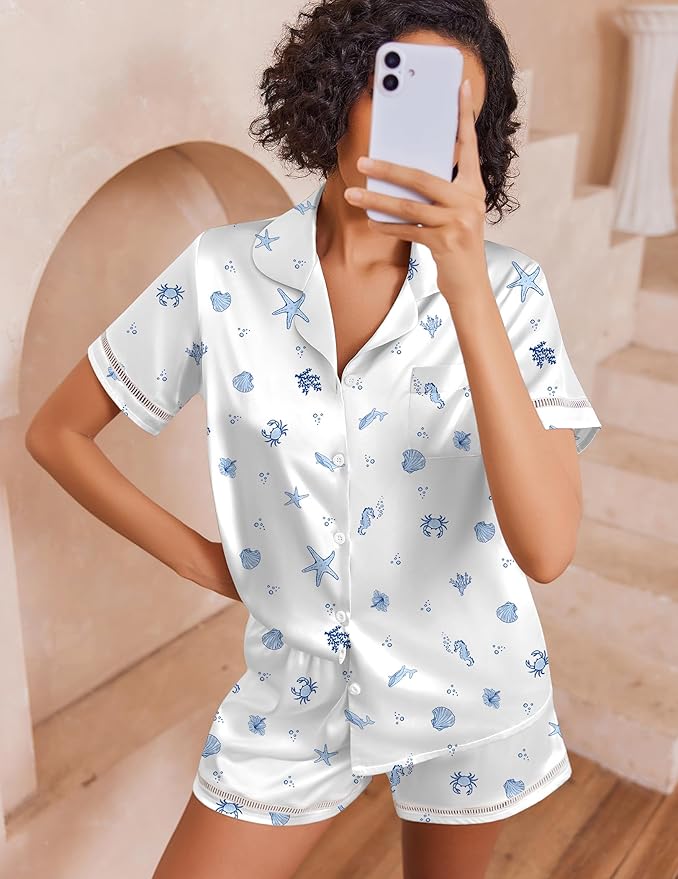 Ekouaer Womens Silk Pajama Sets Button Up Satin Pjs Short Sleeve 2 Piece Pj Sets Cute Lounge Sets with Chest Pocket