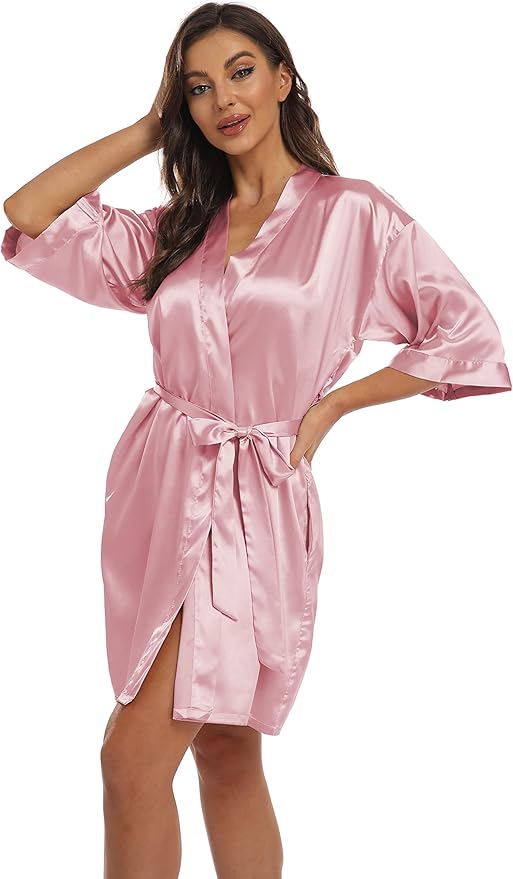 Women's Pure Short Kimono Robes Bride Bridesmaids Silky Bathrobe Lightweight Satin Sleepwear