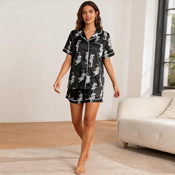 ASTANFY Silk Satin Pajama Set Womens Silk Satin 2 Piece Pjs Shorts Sleepwear Christmas Button Down Shirt Bride Pj Lounge Sets