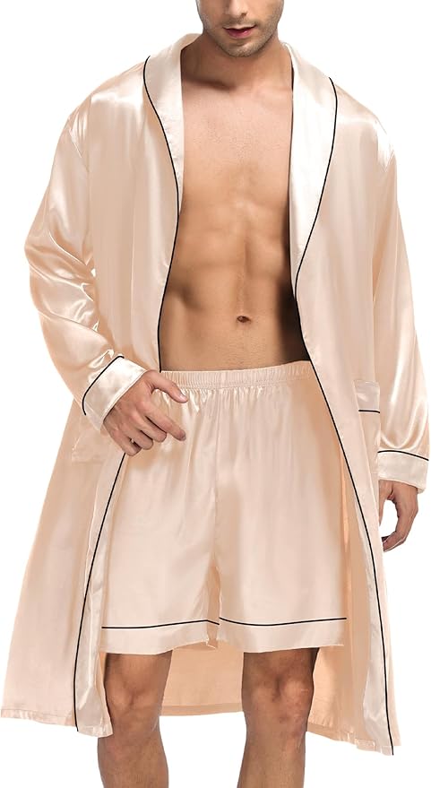 SWOMOG Men's Satin Robe Silky Kimono Bathrobe with Shorts Set Lightweight Soft Loungewear Nightwear