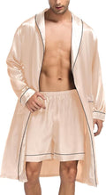 SWOMOG Men's Satin Robe Silky Kimono Bathrobe with Shorts Set Lightweight Soft Loungewear Nightwear